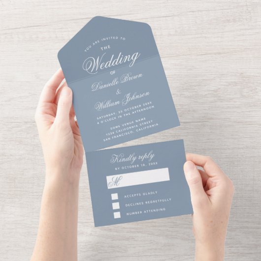 ダスティブルーの結婚式　エレガントなカリグラフィーの体で書かれたＲＳＶＰ オールインワン招待状 (貼ってはがせる)