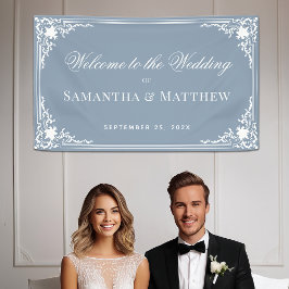 ダスティブルーの結婚式 ヴィンテージ エレガントホワイトのカリグラフィー 横断幕