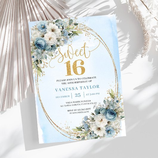ダスティブルーの花とエレガントなSweet 16thバースデー  招待状