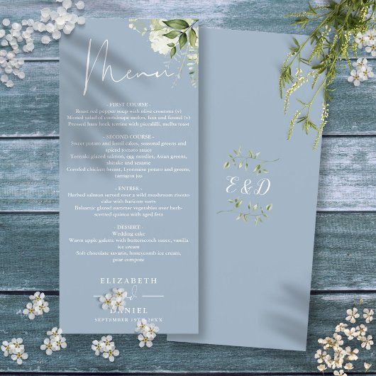 ダスティブルーの花とグリーンがモノグラムの結婚式ディナー メニュー