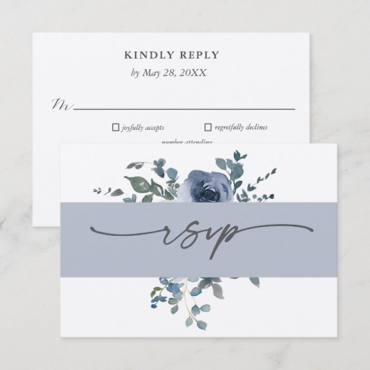ダスティブルーの花とグレーの結婚式RSVP 招待状 (正面/裏面)