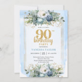 ダスティブルーの花とゴールドが華やかな90歳の誕生日招待状 招待状 (正面)