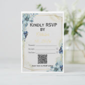 ダスティブルーの花とゴールドの幾何学模様の結婚式アイテムセット 出欠カード (スタンド正面)
