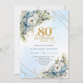 ダスティブルーの花とゴールドの80歳の誕生日招待状 招待状 (正面)