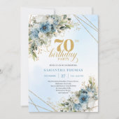 ダスティブルーの花とゴールドフレームの魅力的な70歳の誕生日 招待状 (正面)