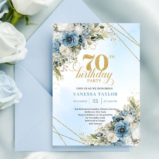 ダスティブルーの花とゴールドフレームの魅力的な70歳の誕生日 招待状