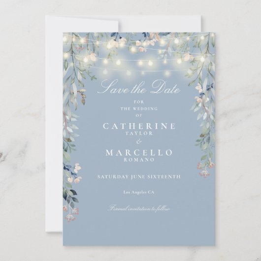 ダスティブルーの花とストリングライトの結婚式 セーブザデート (正面)