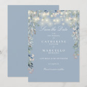 ダスティブルーの花とストリングライトの結婚式 セーブザデート (正面/裏面)