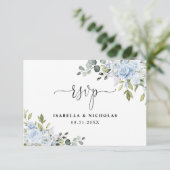 ダスティブルーの花とユーカリの結婚式RSVPカード 出欠カード (スタンド正面)