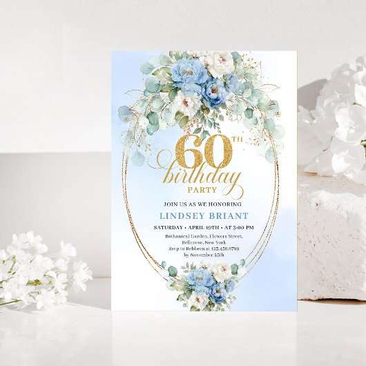 ダスティブルーの花とユーカリの60歳の誕生日招待状 招待状