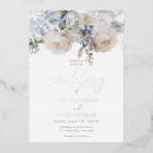 ダスティブルーの花と白いバラの結婚式 シルバー 箔招待状 (正面)