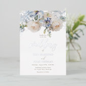 ダスティブルーの花と白いバラの結婚式 シルバー 箔招待状 (立ち正面)
