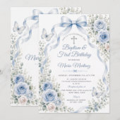 ダスティブルーの花と蝶の洗礼式&1歳の誕生日 招待状 (正面/裏面)