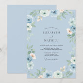 ダスティブルーの花のアクセントの結婚式 招待状 (正面/裏面)