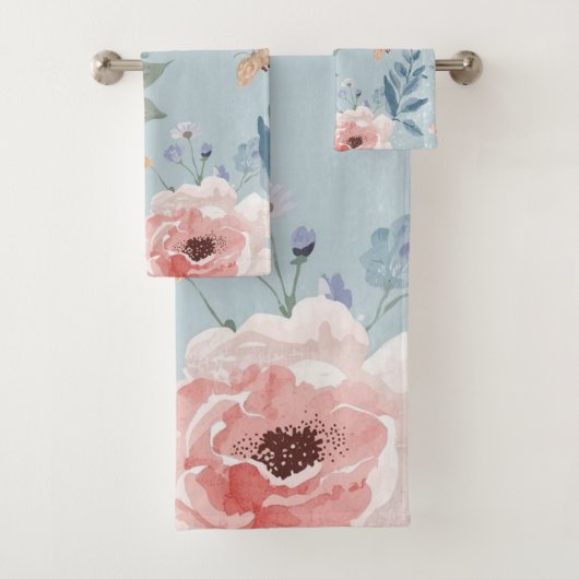 ダスティブルーの花の水彩画の庭のピンクの花 バスタオルセット (インサイチュ)