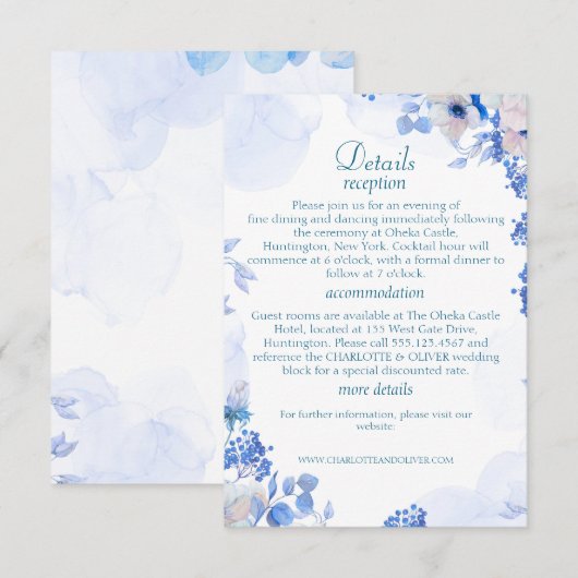 ダスティブルーの花の水彩結婚式詳細カード エンクロージャーカード (正面/裏面)