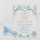 ダスティブルーの花のQuinceañera招待状|エレガント 招待状 (正面/裏面)