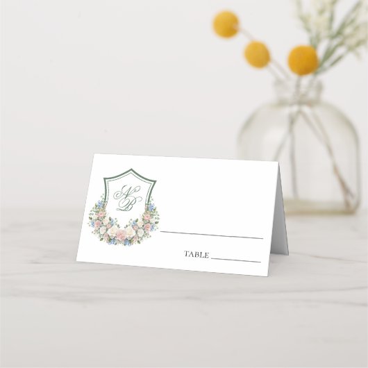 ダスティブルーの花冠の結婚式プレイスカード プレイスカード (正面)