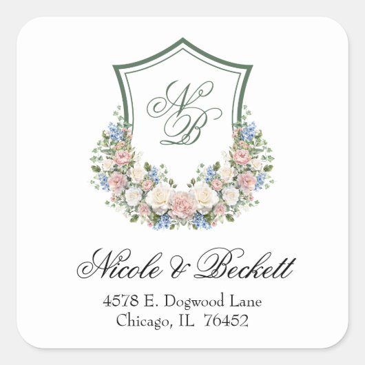 ダスティブルーの花冠の結婚式リターンアドレス スクエアシール (正面)