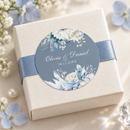 ダスティブルーの花嫁DIY結婚式ステッカー 名前+挙式日 ラウンドシール
