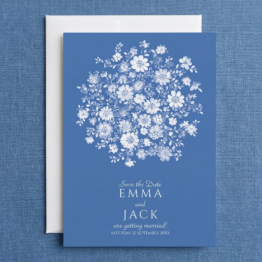 ダスティブルーの花束の結婚式の延期はがき セーブザデート