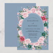 ダスティブルーの花柄が美しい結婚式 招待状 (正面/裏面)