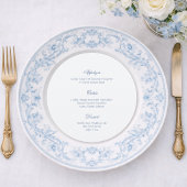 ダスティブルーの花柄の丸い結婚式メニュー&プレイスカード メニュー