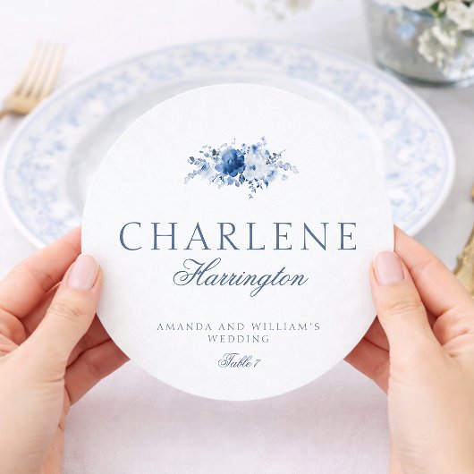 ダスティブルーの花柄の丸い結婚式メニュー&プレイスカード メニュー