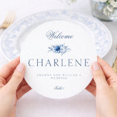 ダスティブルーの花柄の円形結婚式メニュー&プレイスカード メニュー