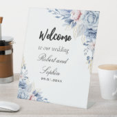 ダスティブルーの花柄の結婚式用台座サイン 台座サイン (インサイチュ)