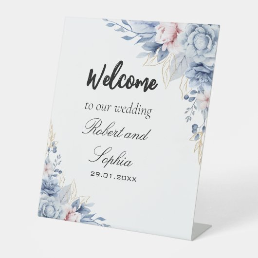 ダスティブルーの花柄の結婚式用台座サイン 台座サイン (正面)