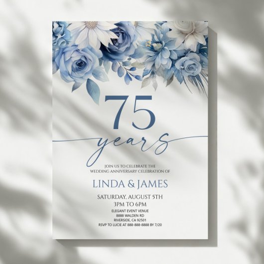 ダスティブルーの花柄の結婚75周年記念 招待状