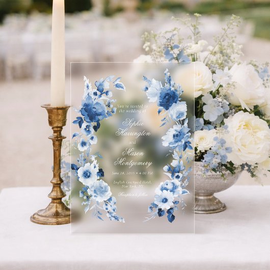 ダスティブルーの花柄アクリル結婚式 アクリル招待状