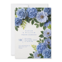 ダスティブルーの花柄ボーダー ウェディングインビテーション