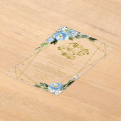 ダスティブルーの花柄幾何学模様のケンセイェーラ アクリル招待状 (レイダウン)