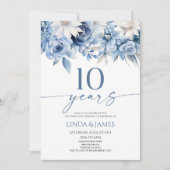 ダスティブルーの花柄10周年結婚記念日 招待状 (正面)