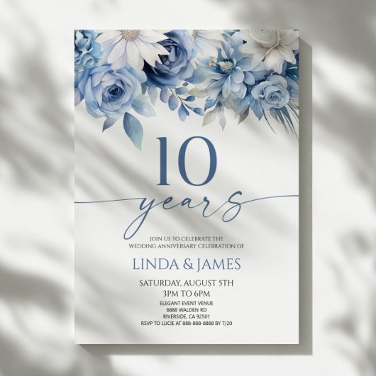 ダスティブルーの花柄10周年結婚記念日 招待状