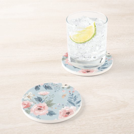 ダスティブルーの花柄 水彩画の庭 ピンクの花 コースター (側面)