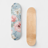 ダスティブルーの花柄 水彩画の庭 ピンクの花 スケートボード (正面)