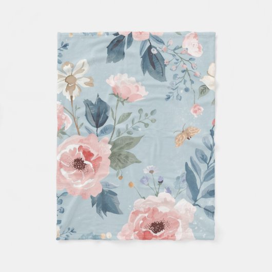 ダスティブルーの花柄 水彩画の庭 ピンクの花 フリースブランケット (正面)