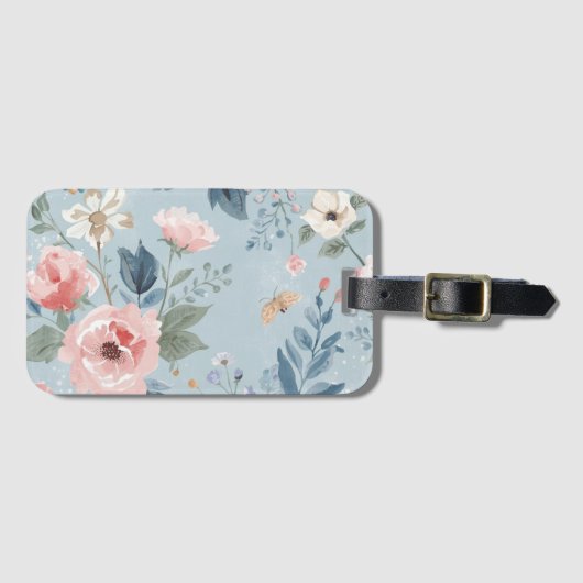 ダスティブルーの花柄 水彩画の庭 ピンクの花 ラゲッジタグ (正面横)