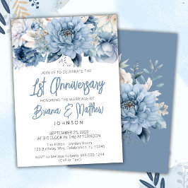 ダスティブルーの花柄 1周年の結婚記念日 招待状
