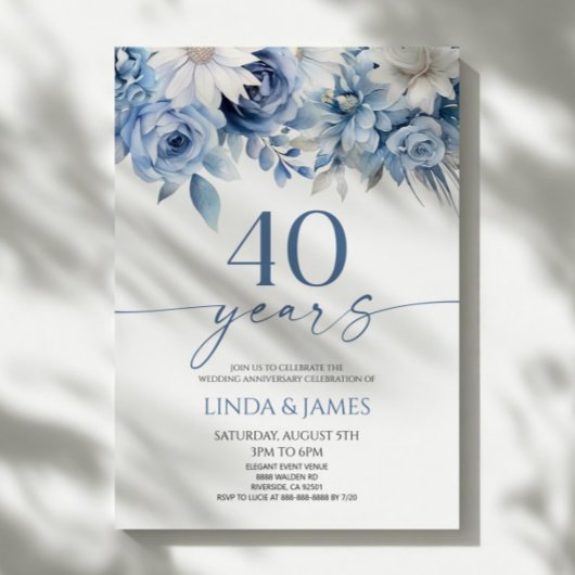 ダスティブルーの花柄 40周年結婚記念日 招待状