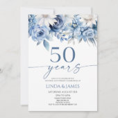 ダスティブルーの花柄 50周年結婚記念 招待状 (正面)