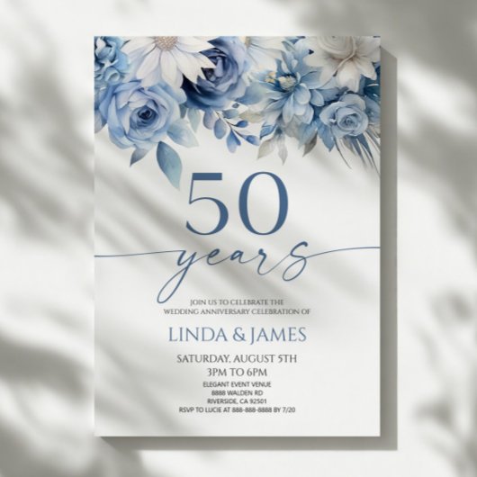 ダスティブルーの花柄 50周年結婚記念 招待状