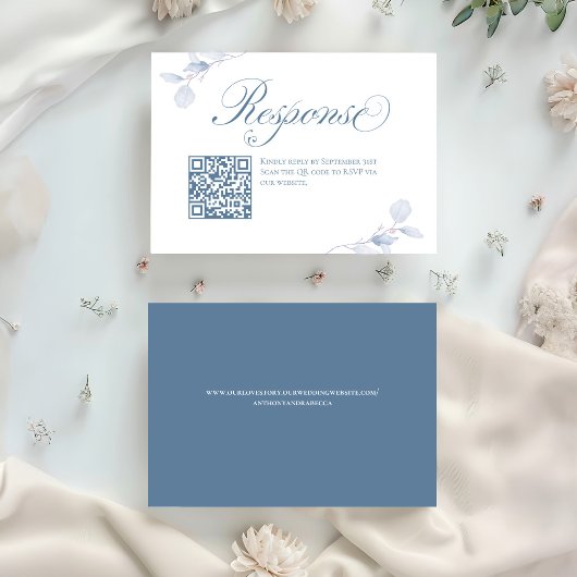 ダスティブルーの花柄QRコード ウェディングRSVP 出欠カード