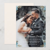 ダスティブルーの花模様の写真の結婚式 招待状 (正面/裏面)