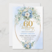ダスティブルーの花 白い芍薬 ゴールド 60歳の誕生日 招待状 (正面)