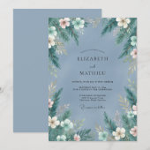 ダスティブルーの落ち着いたエゾマツの冬の結婚式 招待状 (正面/裏面)