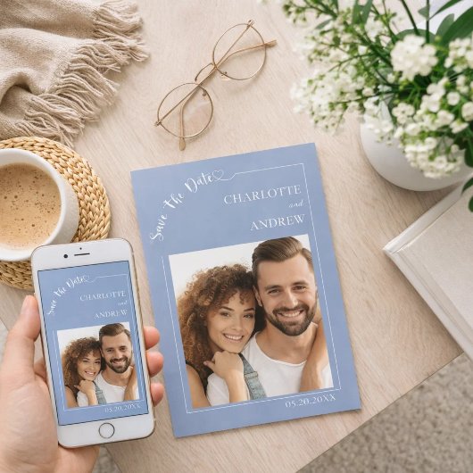 ダスティブルーの象牙色の写真付き結婚式Save the Date セーブザデート
